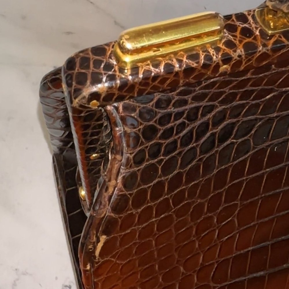 ❌❌ Hermes Crocodile Doctor's Bag Sac Mallette Marron Fonce Shiny Vintage tote - Picture 14 of 16